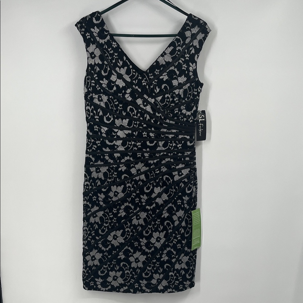 S.L Fashions Black and Silver Floral Lace Midi Dress Size 8
